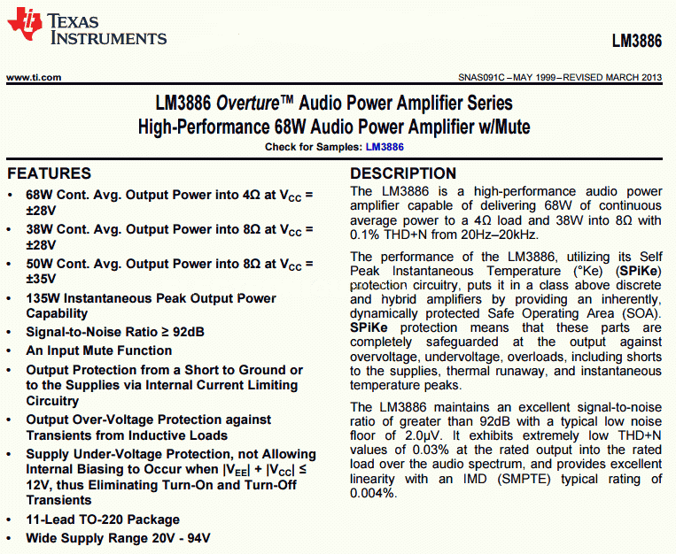 Les caractéristiques du LM3886